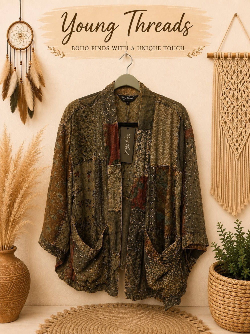 201 Young Threads Olive Patchwork Boho Kimono Jacket